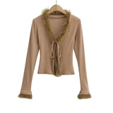 Women T-Shirt Stitching Temperament Long Sleeve Cardigan Women's Short Top