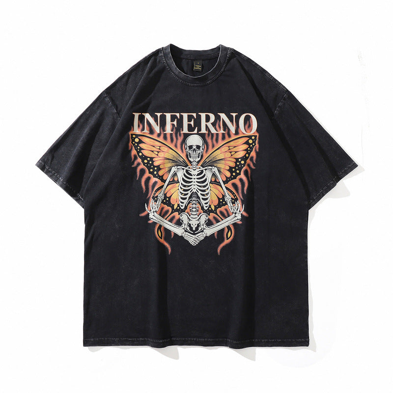 Men T Shirt Washed Distressed Printed Short-Sleeved T-shirt Men and Women Loose