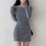 Women Dresses Knitted Dress off-the-Shoulder Sling Hip Skirt Long Sleeve Skirt