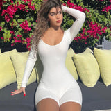Women Jumpsuit Solid Color U-Collar Slim Fit Slimming Long Sleeves Jumpsuit