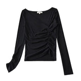 Women T-Shirt Casual Versatile Pleating Long Sleeve Bottoming T-shirt