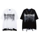 Men T Shirt Gothic Letter Color Contrast Patchwork Ripped Short Sleeve T-shirt for Men and Women