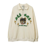 Men Hoodie Cartoon Character Puff Print Lapel Sweater Loose Half Zipped Stand Collar Pullover