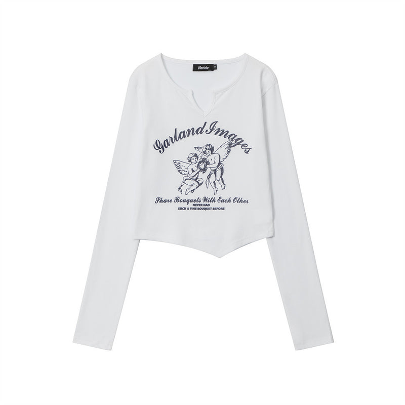 Women Long Sleeve T-Shirt Printed Small V-neck Long Sleeve T-shirt Girls' Spring and Autumn Short