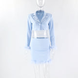 Women Co-Ord Set Stitching Deep V Long Sleeve Crop-Top Tight-Fitting Hip Skirt