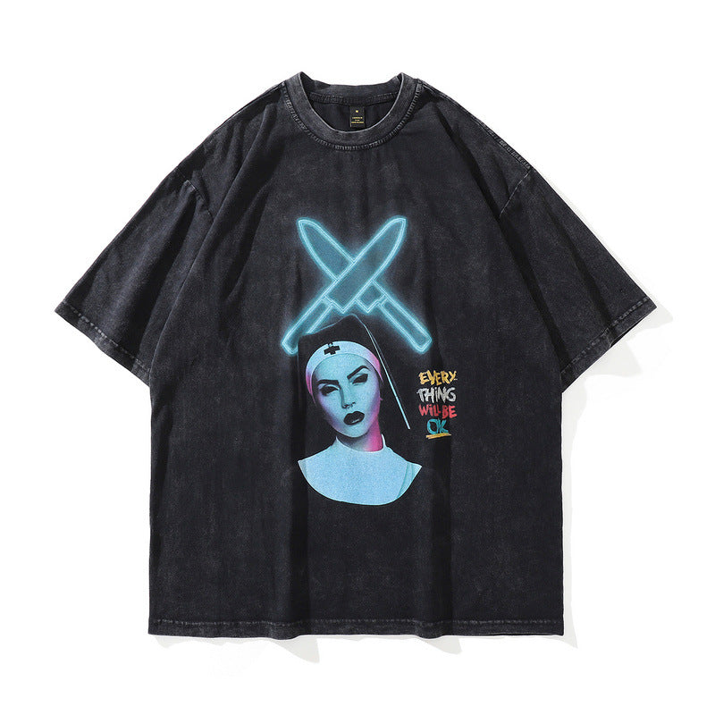 Men T Shirt Washed and Worn Vintage Print Short Sleeves T-shirt Men's Loose