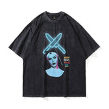 Men T Shirt Cartoon Printed Short-Sleeved T-shirt Men's Summer Loose Wash Distressed