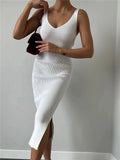 Women Sweater Dress Sleeveless Knitted Midi Skirt Summer V-neck