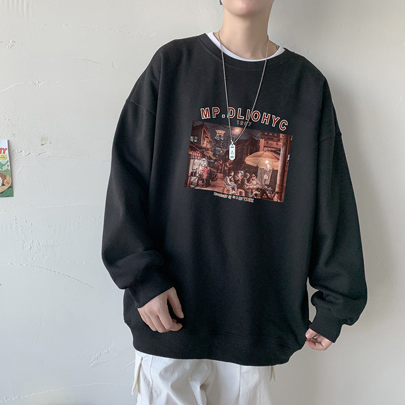 Men Hoodie Sweater Men's Korean Style Trendy Idle Style Loose Print