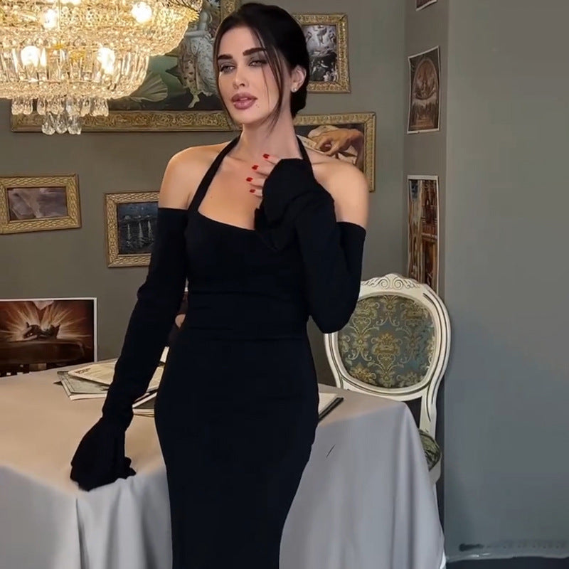 Women Dresses Long Sleeve Backless Slit Mid-Length Dress Women