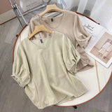 Women T-Shirt Cotton Linen V-neck Batwing Shirt Short Sleeve