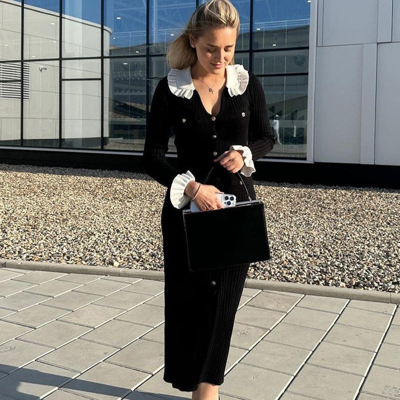 Women Sweater Dress Knitted Dress Sexy Slit Mid-Length Dress Retro Spring and Summer