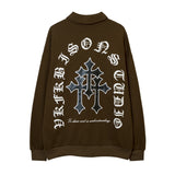 Men Hoodie Cross Printing Lapel Sweater Men's Loose Long Sleeve Polo Collar Pullover