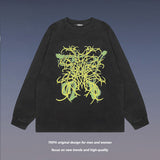 Men Long Sleeve Shirt Vintage Graffiti Printing Washed Long Sleeve Bottoming T-shirt for Men and Women