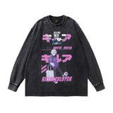 Men Long Sleeve Shirt Anime Print Washed Small Neckline Long Sleeve T-shirt for Men and Women