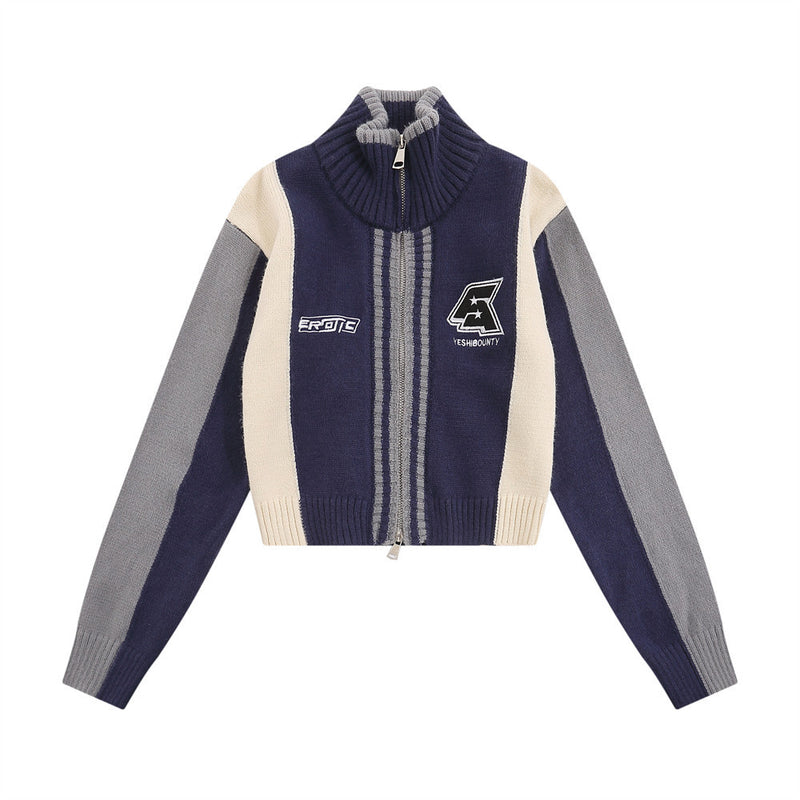 Women Sweater Color Block Embroidery Short Autumn Long Sleeve Sweater
