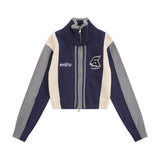 Women Sweater Color Block Embroidery Short Autumn Long Sleeve Sweater