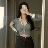 Women Long Sleeve Shirt Short Design Patchwork Top