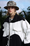 Unisex Jacket Autumn Black and White Contrast Color Twill Coat Women's Clothing