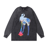 Men Long Sleeve Shirt Japanese Cartoon Anime Print Vintage Long Sleeve T-shirt Men and Women Washed Distressed