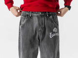 Unisex Pants Autumn Embroidery Zipper Jeans