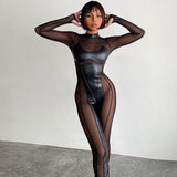 Women Jumpsuit Autumn Fashion Stitching Mesh round Neck