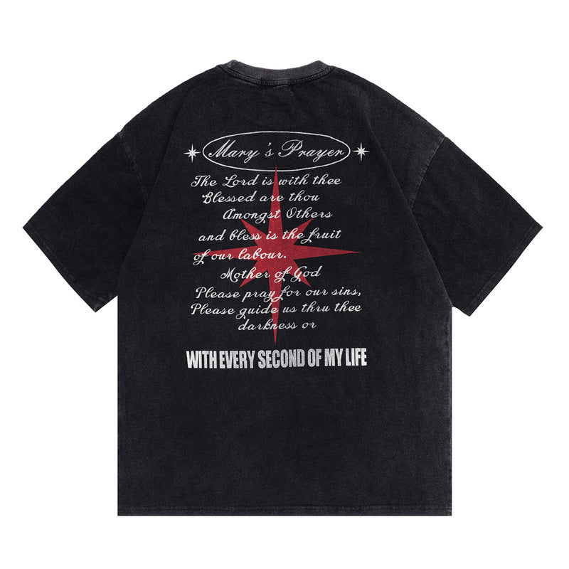 Men T Shirt High Street Print Worn Looking Washed-out Short Sleeve T-shirt Men and Women Loose