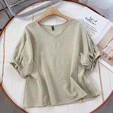 Women T-Shirt Cotton Linen V-neck Batwing Shirt Short Sleeve