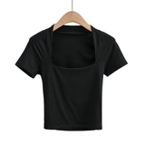 Women T-Shirt T-shirt Summer Short Sleeve Solid Color Short Slim Fit