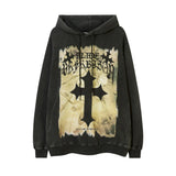 Men Hoodie Cross Printed Hoodie Men's Washed Distressed Loose Pullover Hoodie