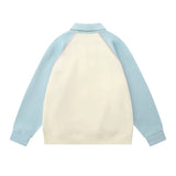 Men Hoodie Color-Block Raglan Sleeves Lapel Pullover Sweater