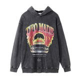 Men Hoodie Flame Car Printed Hoodie Loose Leisure Pullover Hoodie Washed and Worn out