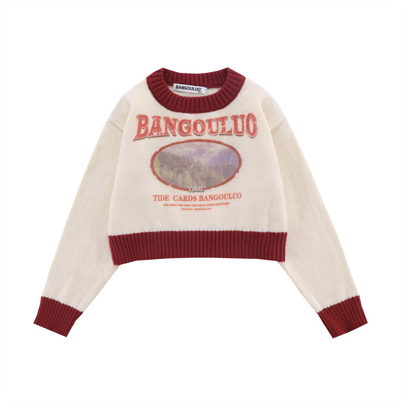 Women Sweater Short round Neck Knitwear Spring and Autumn Women's Color Matching Long Sleeve