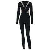 Women Jumpsuit Mesh Slim Fit Patchwork Long-Sleeve Zipper Jumpsuit