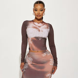 Woman Dresses Women's Spring Printing Color Contrast round Neck Long Sleeve T-shirt