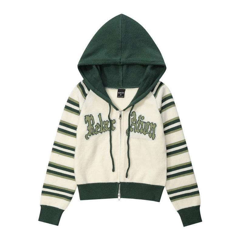 Women Sweater Hooded Knit Cardigan Girls' Autumn Casual Letter Sweater