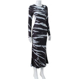 Women Desses Printed Dress Slim Fit round Neck Long Sleeves Hip Skirt