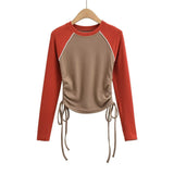 Women T-shirt Color Contrast Patchwork Drawstring Long Sleeve Top O-neck Short