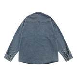 Men Long Sleeved T Shirt Cartoon Embroidered Washed Denim Shirt Coat Spring and Autumn Loose Long Sleeve Shirt