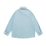 Men Long Sleeved T Shirt Cartoon Vertical Striped Long Sleeve Shirt Boys Casual Loose Lapels Shirt Ins Spring and Autumn