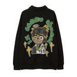 Men Hoodie Cartoon Character Puff Print Lapel Sweater Loose Half Zipped Stand Collar Pullover