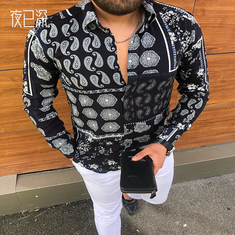 Men Shirt Autumn Shirt Long Sleeve Stand Collar Printed Men