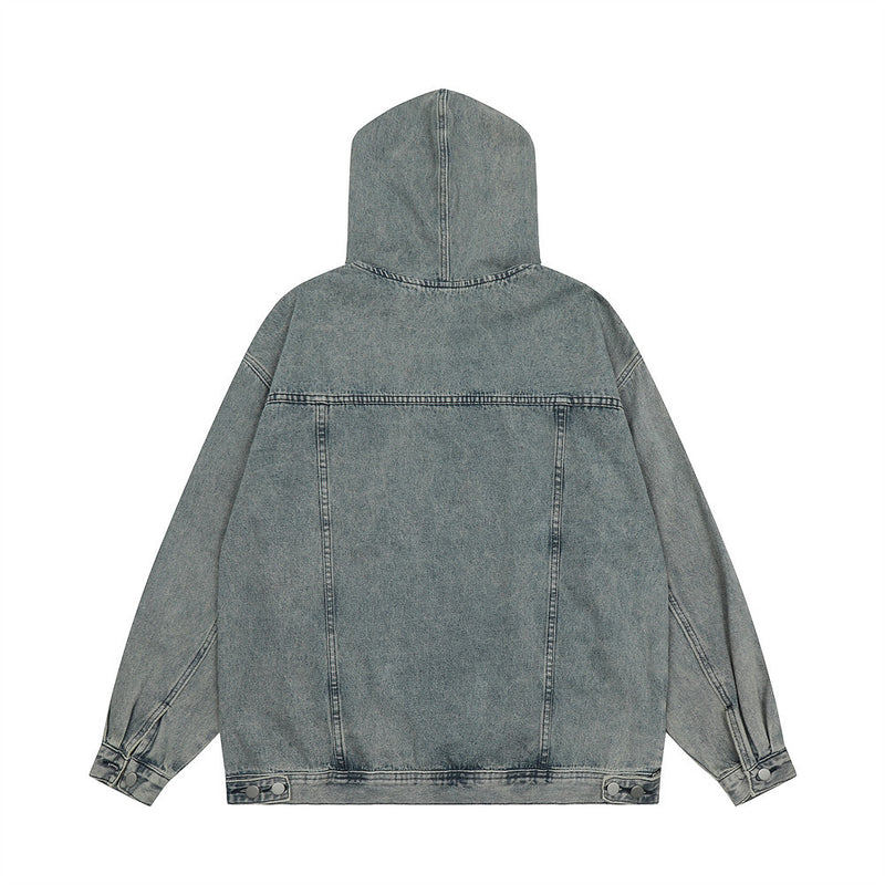 Men Denim Jacket Hooded Denim Hoodie Coat Men's Washed and Worn Denim Jacket