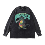 Men Long Sleeve Shirt Vintage Cartoon Printed Washed Long Sleeve Bottoming T-shirt Men and Women Ins