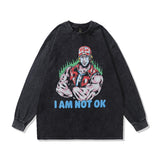 Men Long Sleeve Shirt High Street Vintage Poster Print Worn Looking Washed-out Long Sleeve T-shirt Men and Women Hip Hop