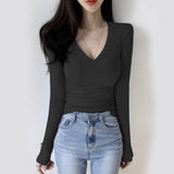 Women Long Sleeve Shirt Skinny Slimming Long Sleeve V-neck Bottoming Shirt