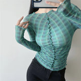 Women T-Shirt Long Sleeve Bottoming Shirt Personality Mesh Sun-Protective Clothing