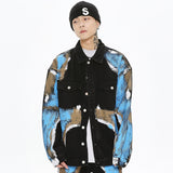 Men Denim Jacket Contrast Color Washed Denim Jacket Men's Loose Long Sleeve Jacket