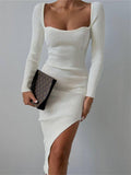 Women Sweater Dress Autumn and Winter Long Sleeve Tight Square Collar Woolen Skirt