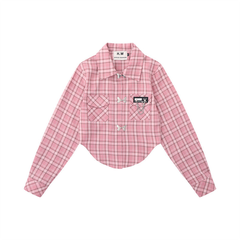 Women Long Sleeve Shirt Short Plaid Shirt Female Long Sleeve Shirt